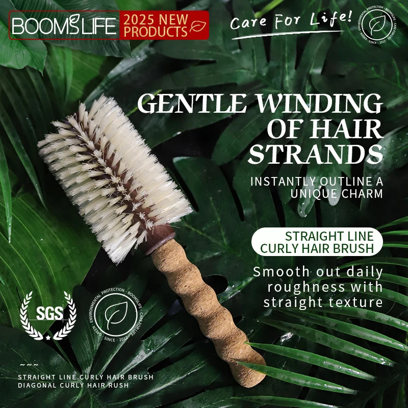 Personalized Boar Bristles Hair Brush Cork handle Round Barrel Hair Comb For Curling Anti Static Roller HairBrush Wood Combs 250603