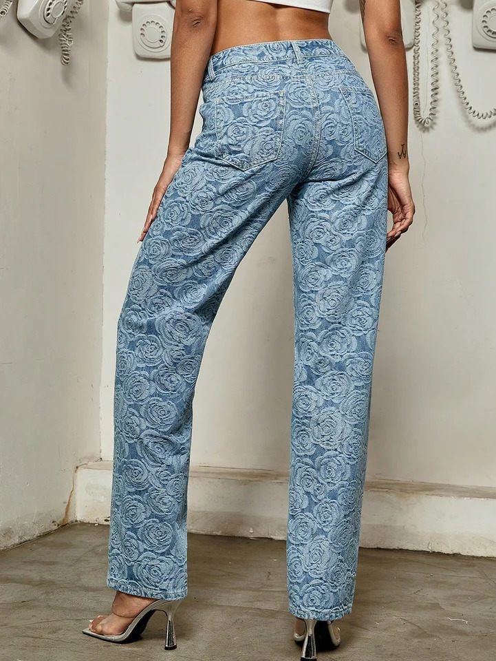 Womens Denim Pants Casual Loose Vintage Floral Summer Spring Blue High Street Flower Blossom Office Lady Fashion Jeans 250604