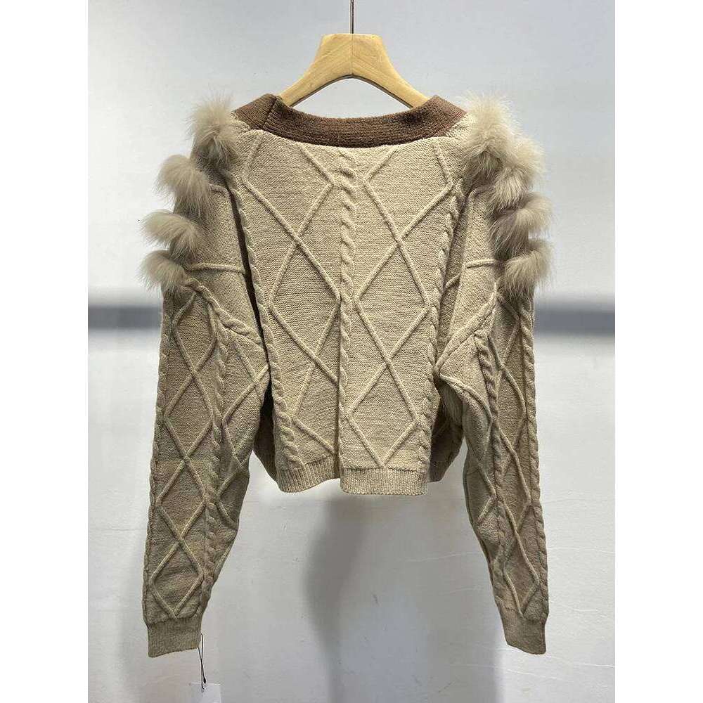 2024 Autumn Women Khaki Fox Sweater Real Fur Spring Special Design Knitted Jacket Wear