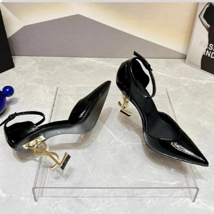 designer sandals, high heels, sandals, women's classic lettered and glossy patent leather one-shoulder pointed hollow sandals, Free shipping
