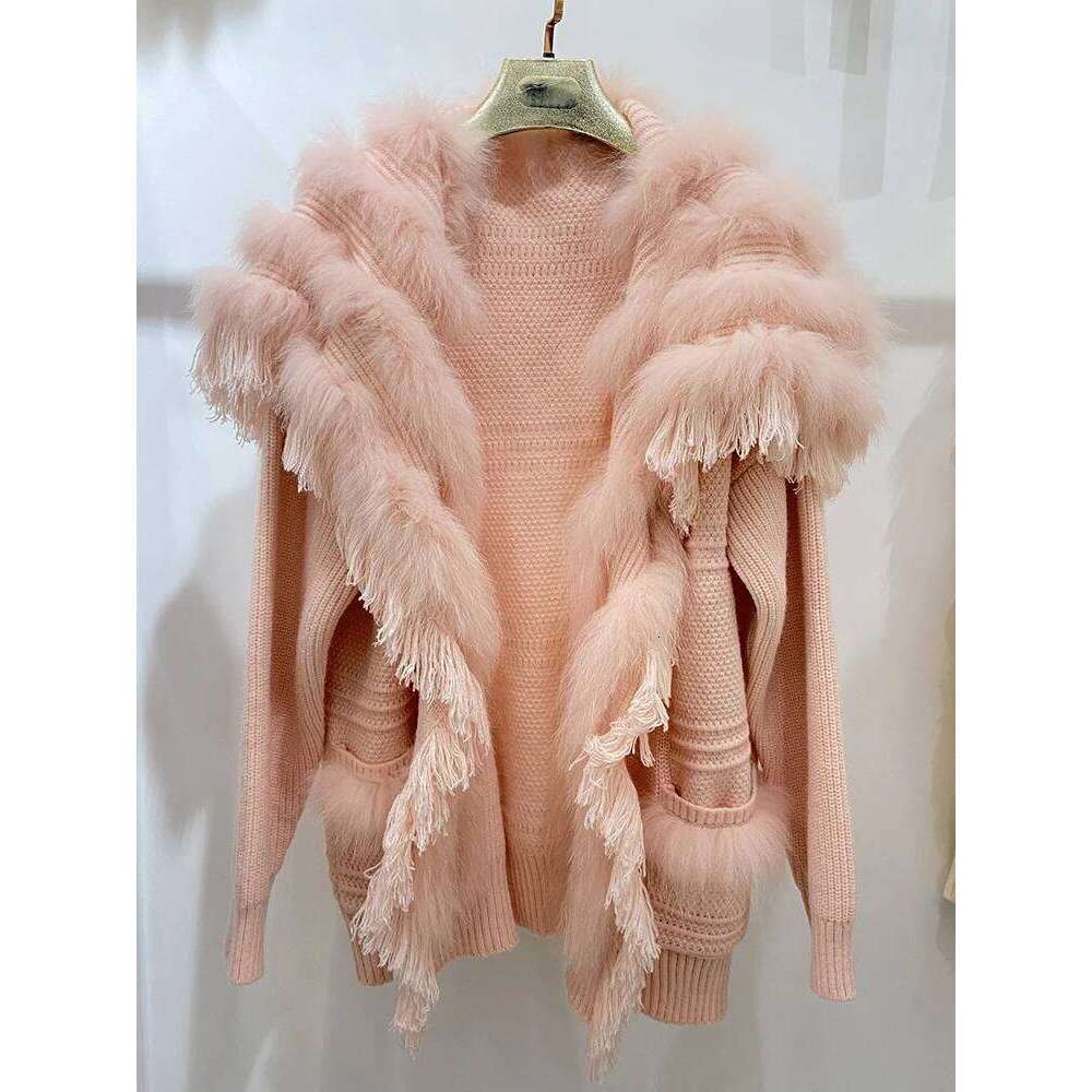 Women Autumn Real Knitting Oversize Fox Fur Decoration Lady's Fashion Cardigan Sweater Coat