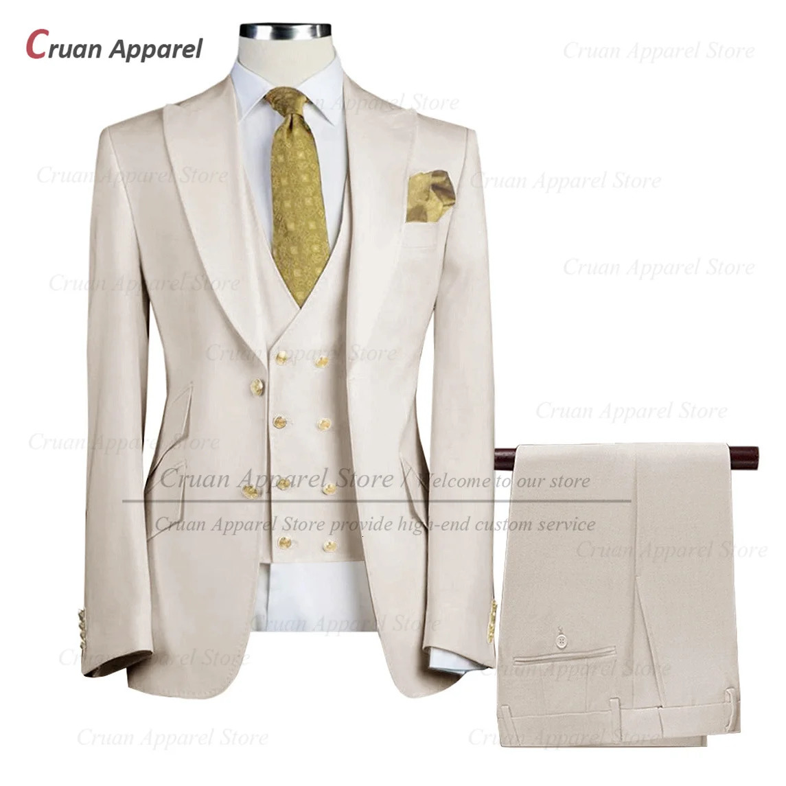 Tailor-made Ivory White Suits for Men Slim fit Prom Wedding Groom Tuxedo Set Party Gold Buttons Blazer Vest Pants 3 Pieces 250530