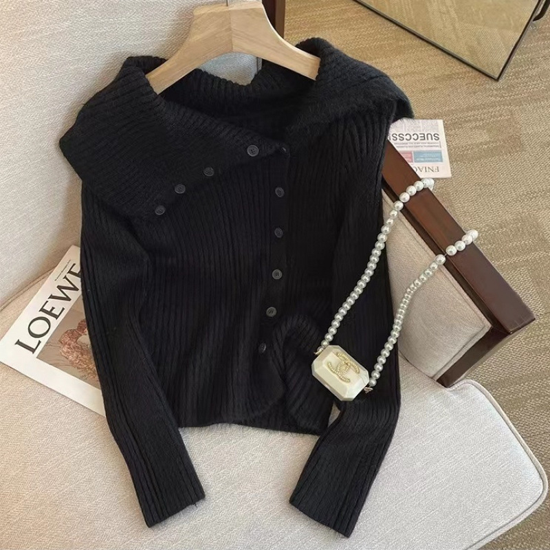 Irregular Collar Knit Cardigan for Women 2025 Spring and Autumn New French Style Off-Shoulder Slimming Long Sleeve Top