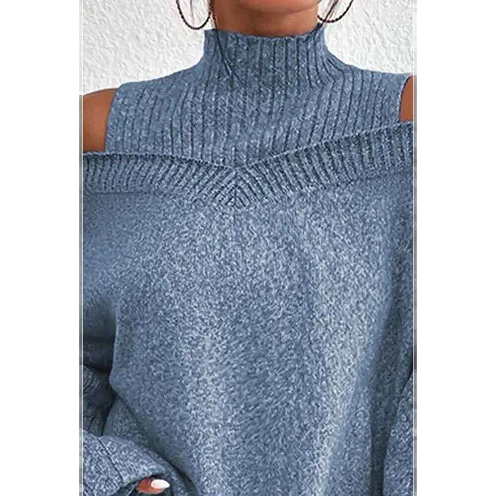 Plus Size Casual Black Cable Knit Lantern Sleeve Cold Shoulder Sweater