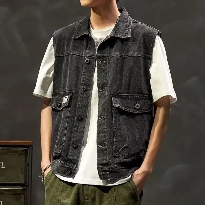 Trendy Denim Vest Jacket For Men Loosefit Shoulder Clipon Work Versatile Spring Autumn 250605Z