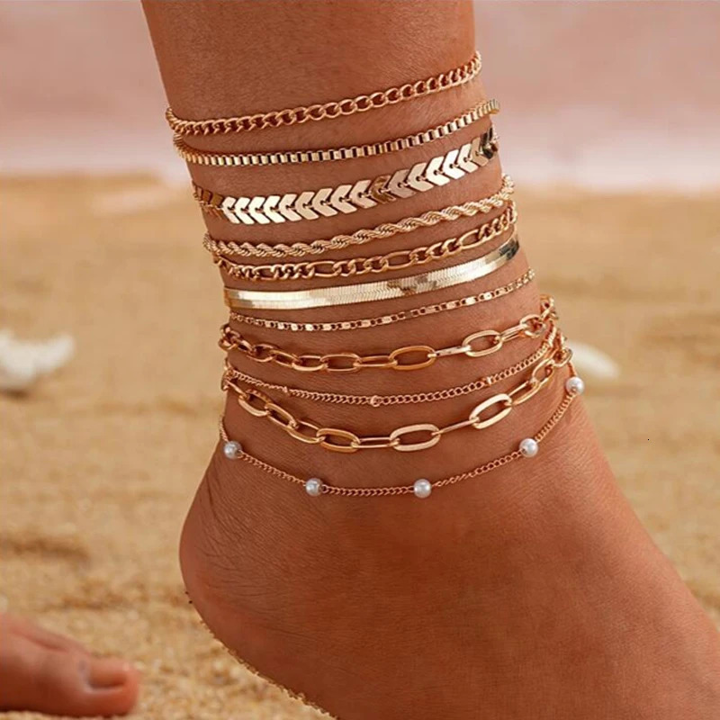 11 Pcs Boho Multi Layer Anklets Set For Women Vintage Simple Summer Gold Color Pearl Chain On Leg Beach Foot Jewelry Gifts 2024 250528