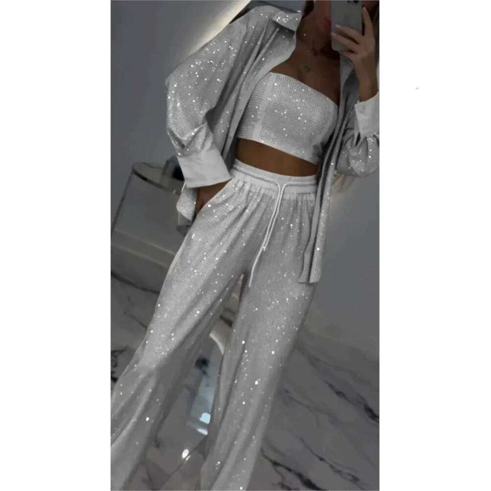 2025 Spring New Fashion Sequin Women 3 Piece Sets Elegant Club Party Multi-color Outfit Casual Lapel Shirt Wide Leg Pant Set