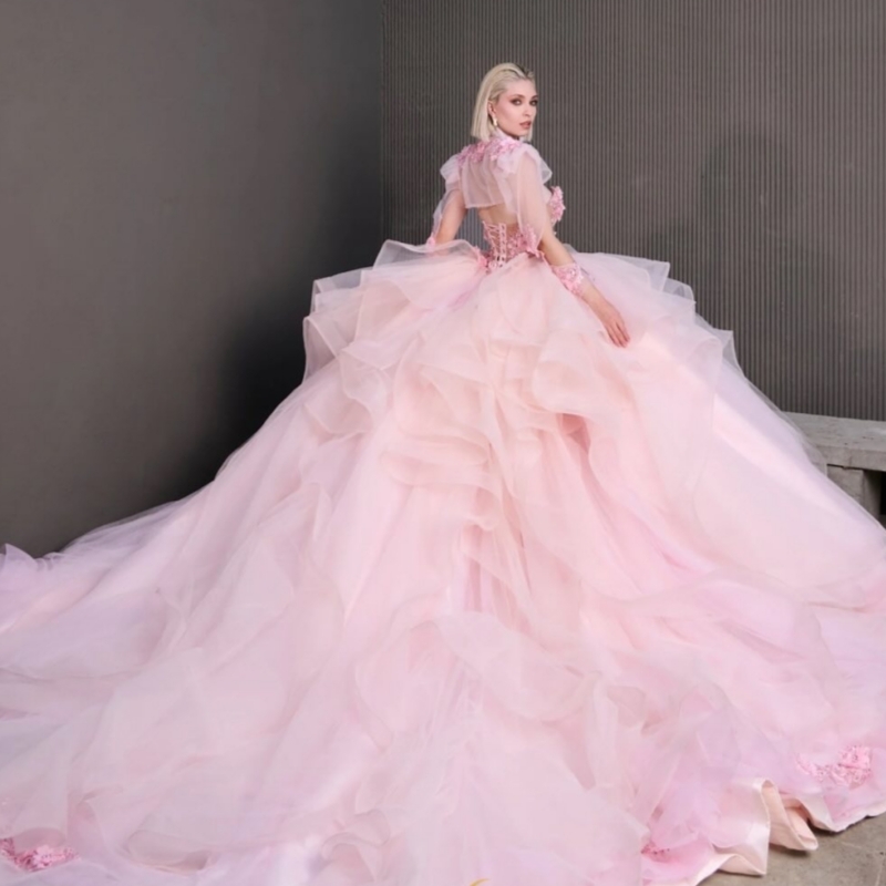 Pink Quinceanera Dresses Birthday Party Ball Gown Appliques Flower Beads Tiered Tull Off the Shoulder Vestidos De 15 Anos Sweet 16 Dress