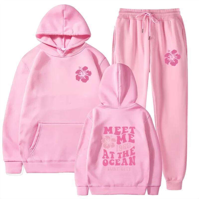 Simple Casual Hoodie Pants Set Autumn Winter New Style Print Hooded Sweatshirt Bottoms Combo Large Size Women