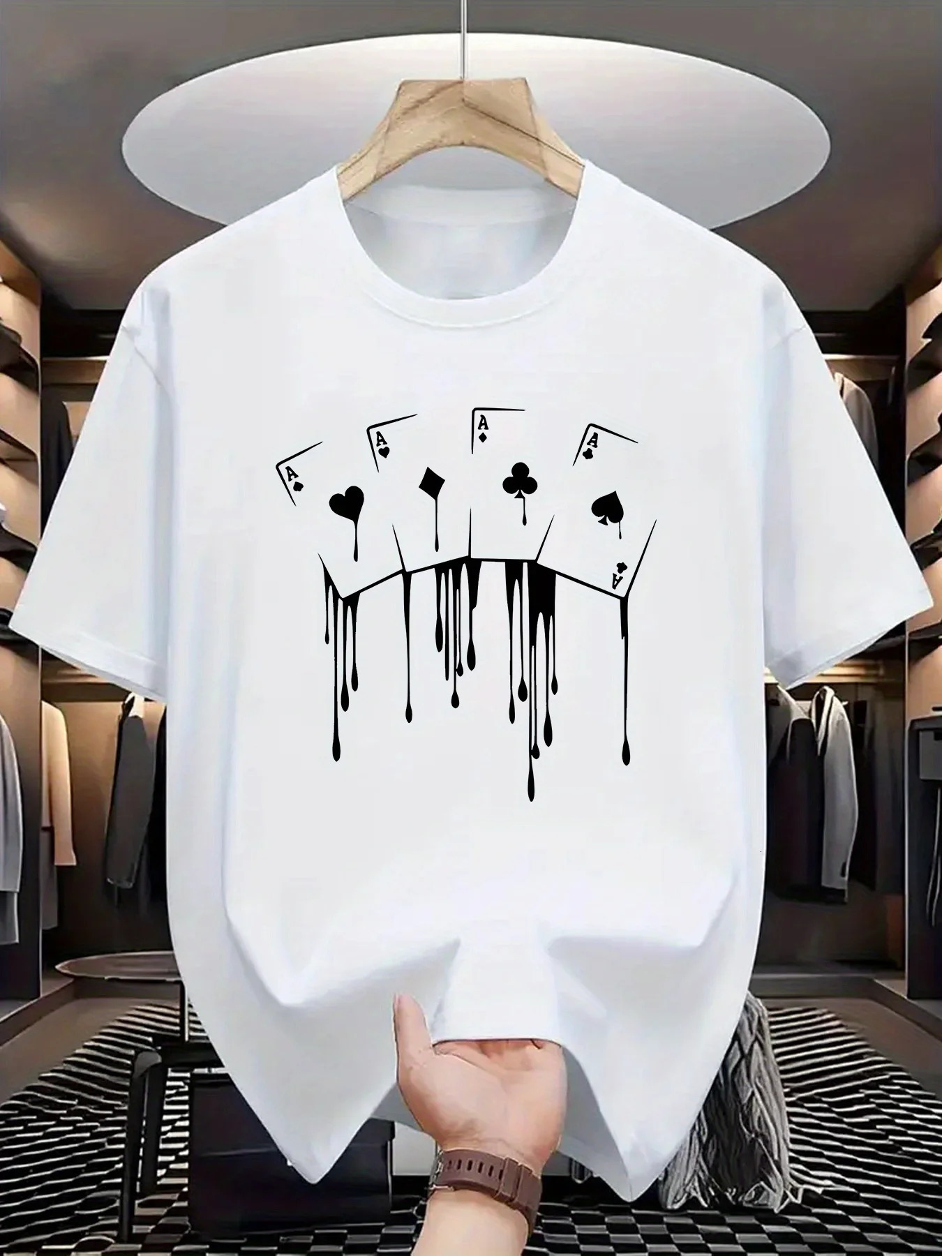 Summer Mens 100% Cotton Casual Loose Plus Size Poker Card Pattern Printed Sports Comfortable Round Neck Short Sleeve T-shirt 250530