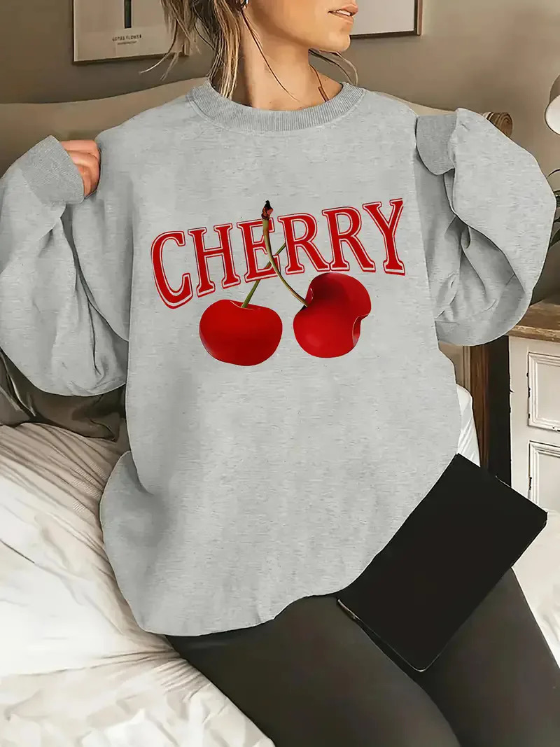 Cherry bow printed sports shirt for womens casual loose round neck cute aesthetic pullover Y2K clothing Harajuku style hoodie 250604