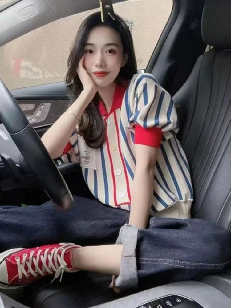 Womens Polo Shirts Striped Cute Female Tee Button Kawaii Offer Free Tshirts y Youth in Trend Clothing 250604