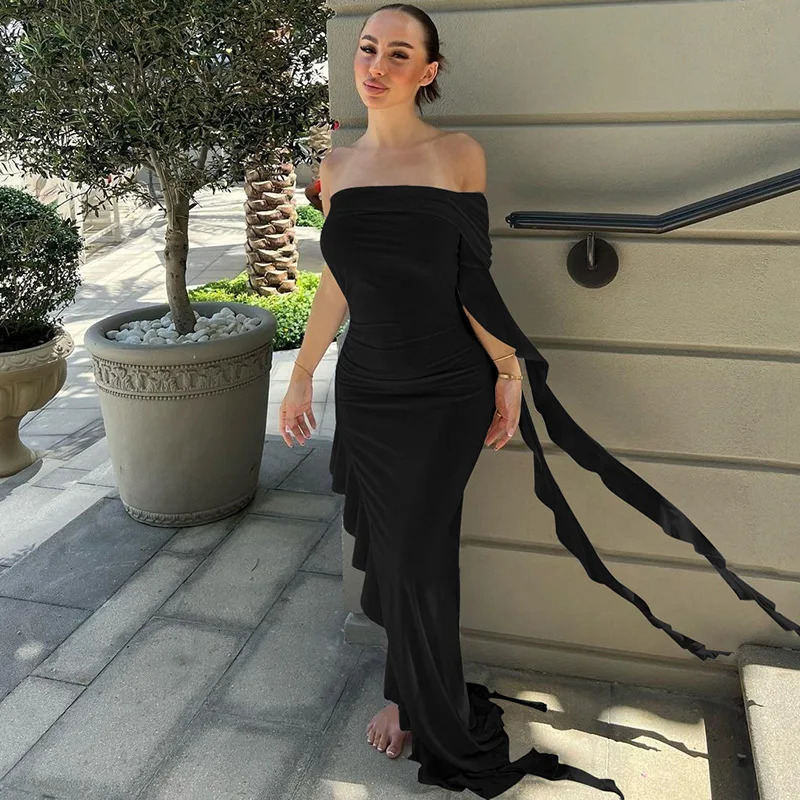 Summer One Shoulder Pleated Slim Fit Dress Solid Color Personalized Fashionable Arrivals 250604