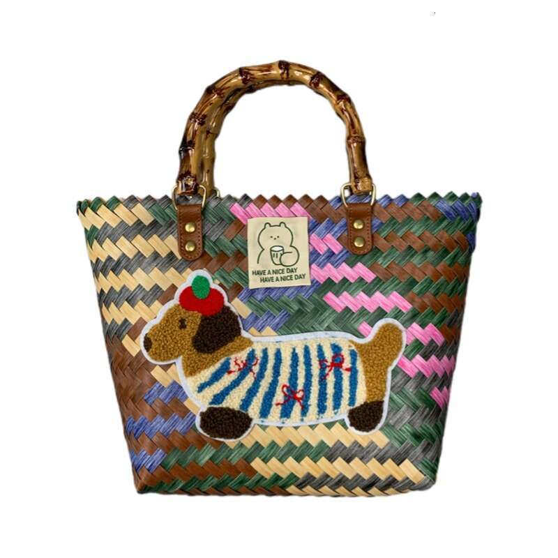 Large Capacity Dachshund Handwoven Vegetable Basket Rattan Handbag Office Sundries Small Tote Picnic Women's Bag