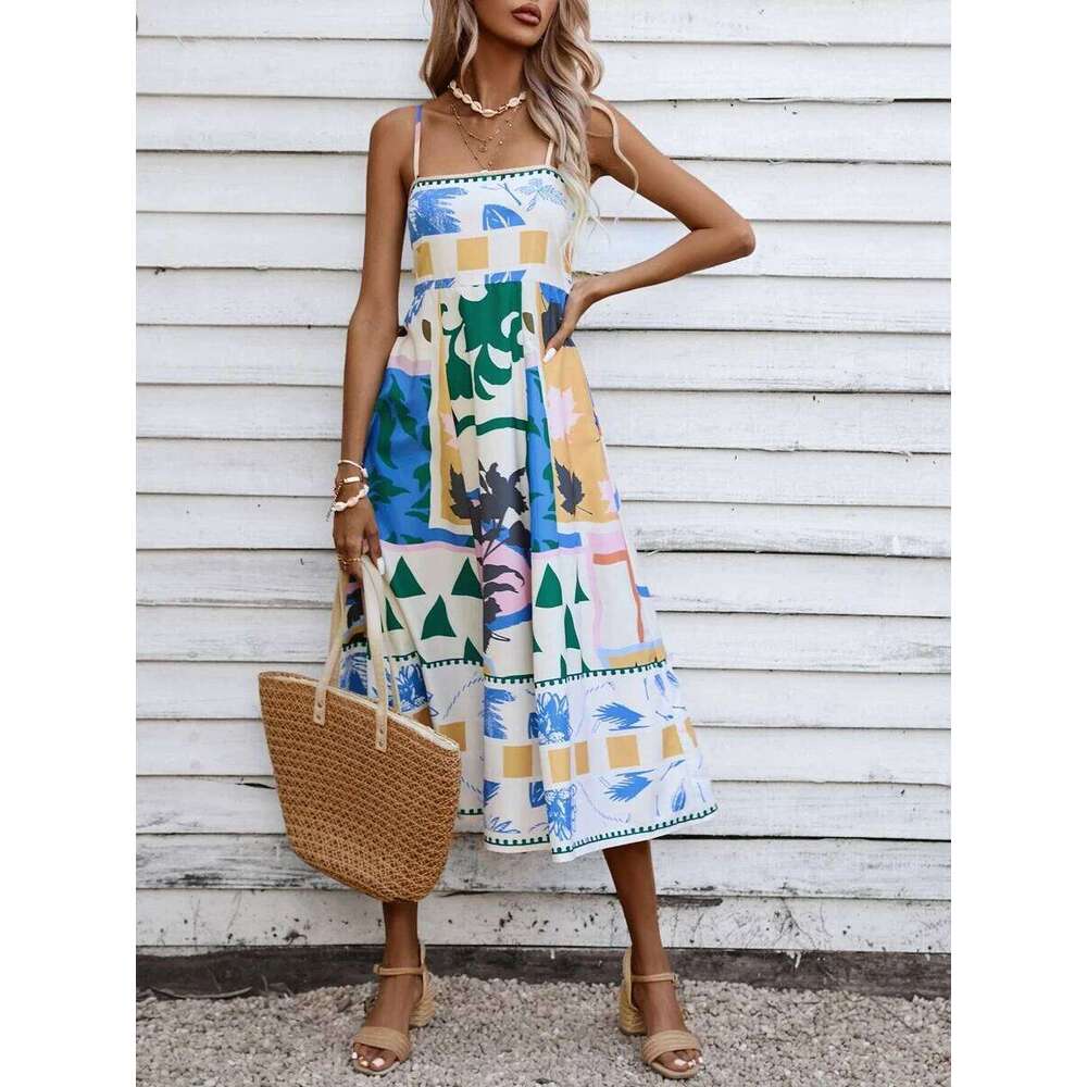 Women Summer Casual A-line Print Spaghetti Strap Backless Midi Fashion Sleeveless Cami Dress
