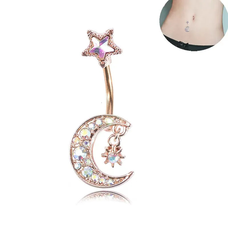 1pc Steel Dangle Belly Button Ring Moon Star Chain Navel Ring Piercing for Women Zircon Body Piercing Jewelry 250530