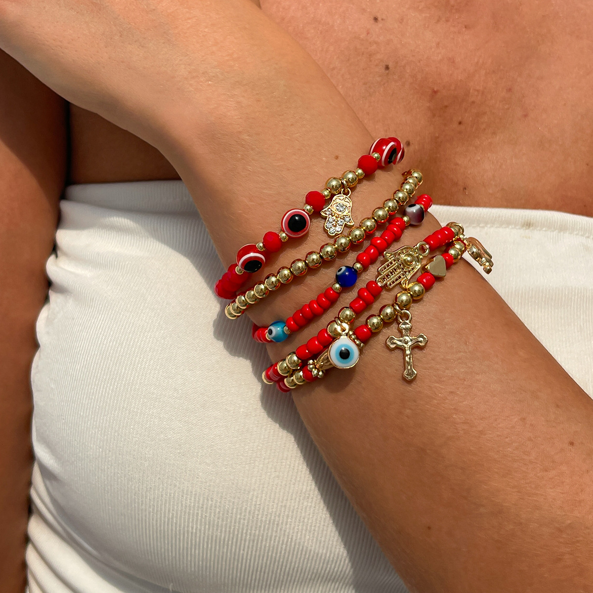 Bohemian Vacation Beaded Bracelet Set Colorful Beads and Pearl Cross Fashion Accessories for Women Gift