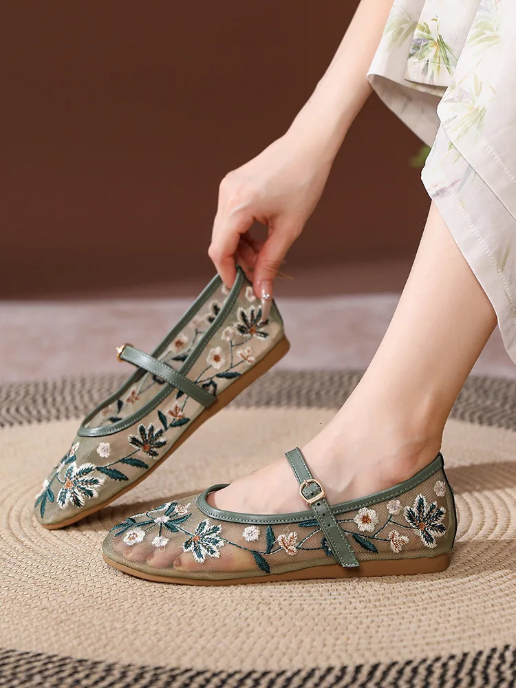 Floral Embroider Mesh Mary Janes Shoes Women Trasparent Elegant Flats Shoes Ladies Casual Summer Breathable Loafers Footwear 250603