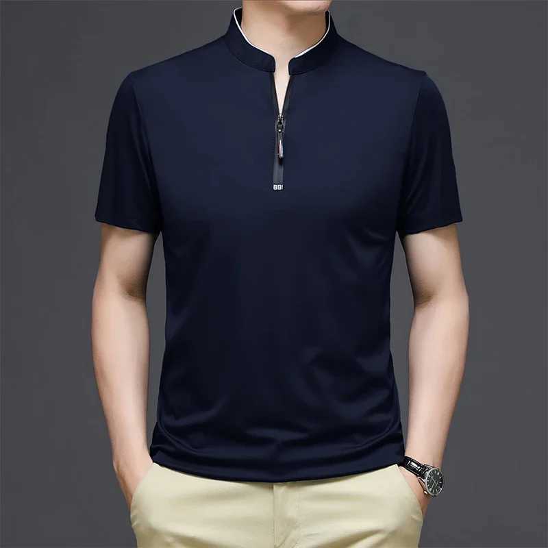 2025 Mens Casual Fashion Solid Color Short Sleeve Polo Shirt Stand Up Collar Versatile Comfortable Top XJ250605