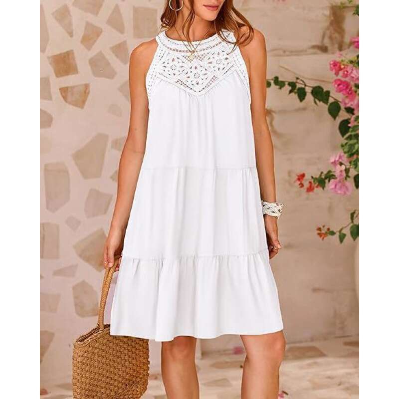 Women's Shein Hollow Out Lace Trim Patchwork Halter A-Line Dress B5