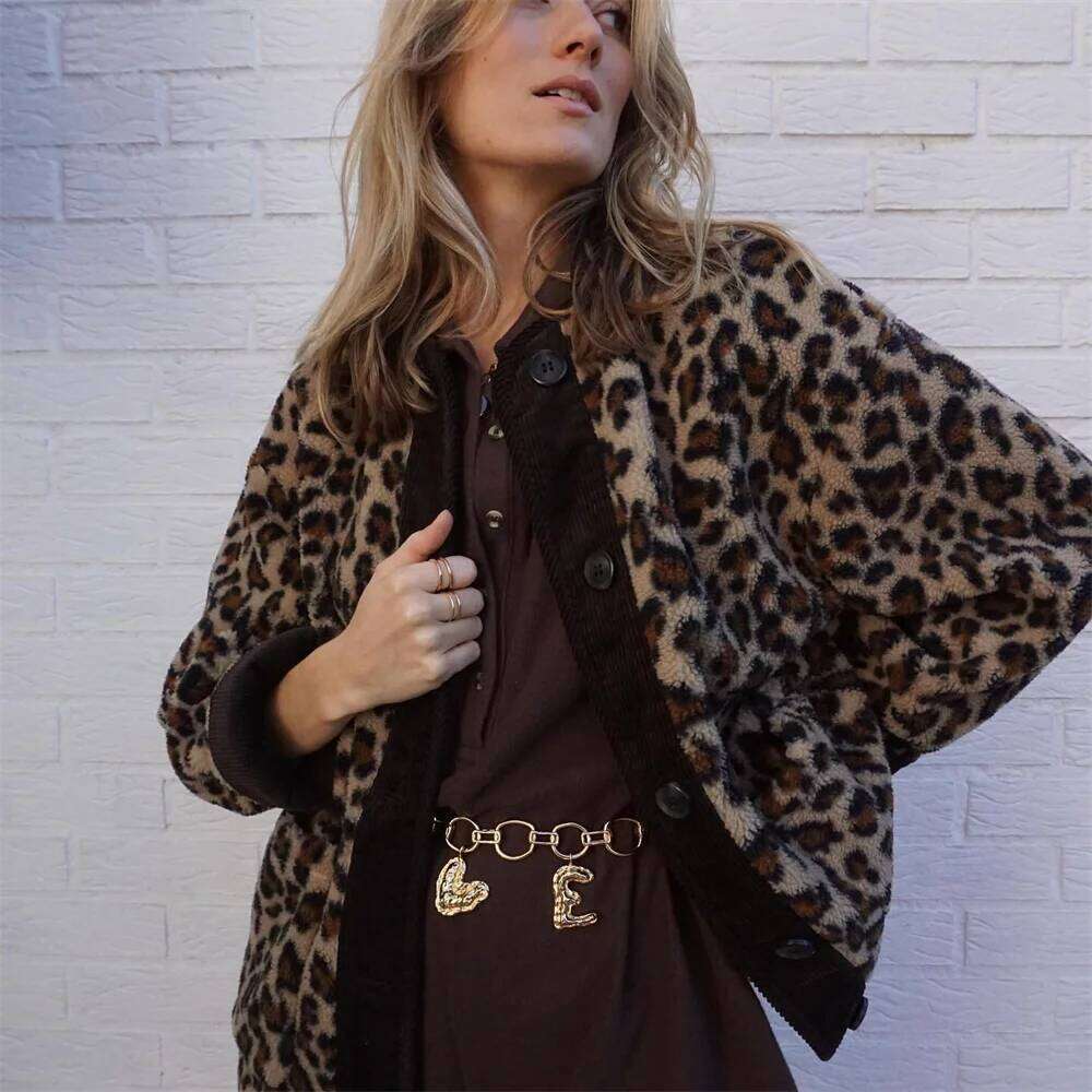 Coats Designer Women Women's Fashion New Unique Round Neck Single Breasted Leopard Pattern Lamb Wool Coat Designer