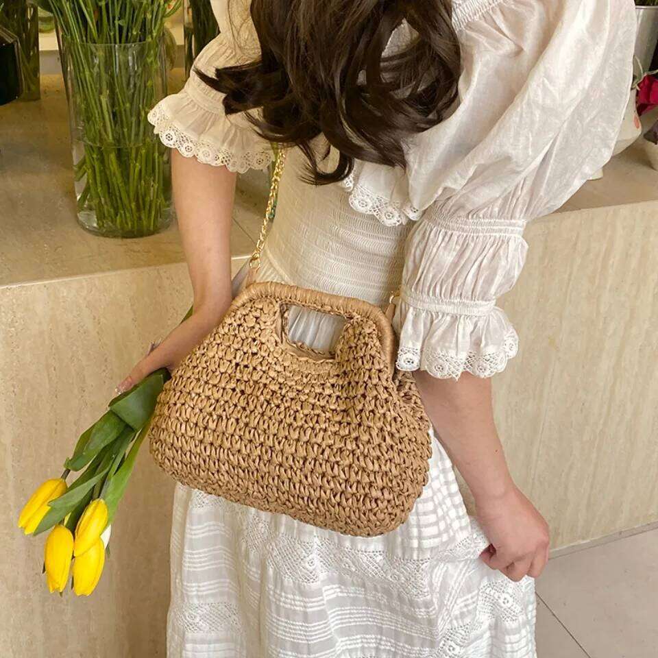 OLOEY Retro Woven Clutch Bags for Women 2025 Straw Shell Chain Handbag Messenger Ladies Holiday Beach Eco-friendly Crossbody Bag