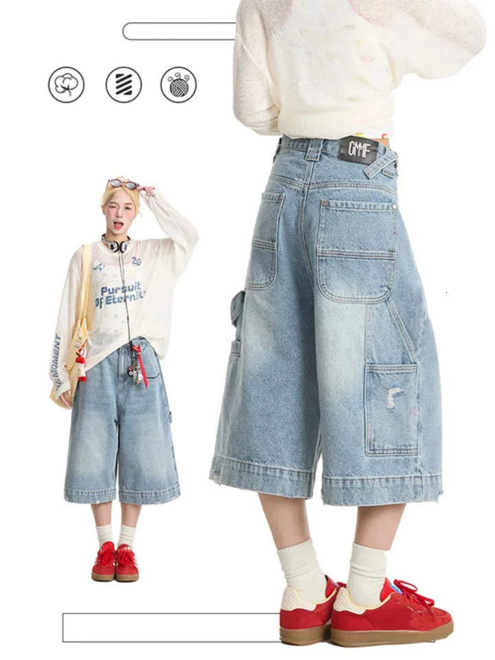 Y2K Street Vintage Washed Cat Whiskered Style Wide Leg Bermuda Jeans Knee Length Denim Jorts Casual Shorts Cropped Trousers 250604