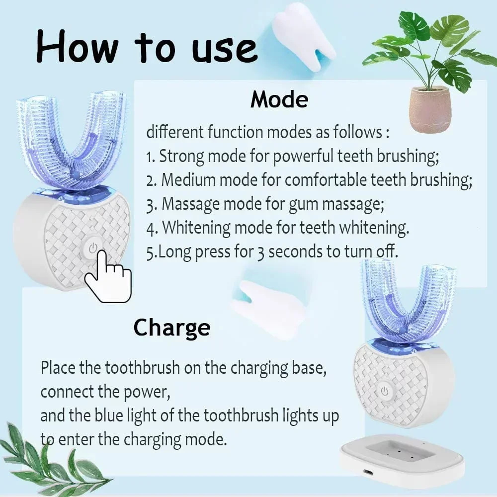 Ultrasonic Electric Toothbrush AdultAutomatic Toothbrush U-Shape Full Mouth 360° Clean Teeth IPX7 Waterproof 250604