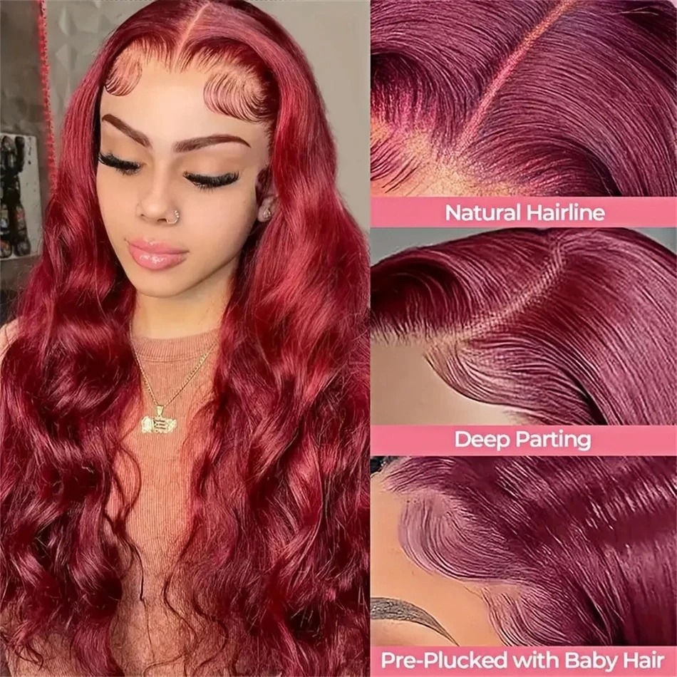 200% Body Wave Wig Burgundy 99J Lace Front Wig 13x4 13x6 HD Lace Frontal Wig Human Hair Pre Plucked 99j Red Colored Wig Synthetic
