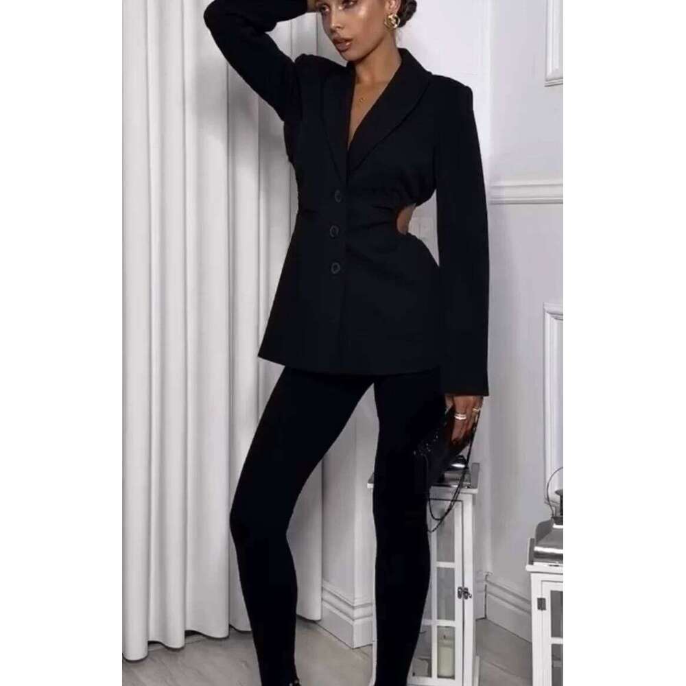 Coats Designer Women Woman Clothing New Style, Niche Design, Hollowed Out Waist Exposed Long Sleeved Black Suit, Dress Designer