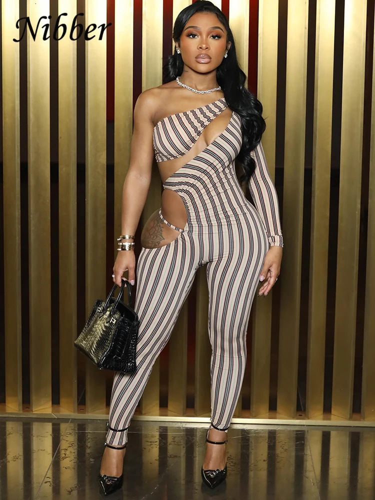 Nibber Sexy Hollow Jumpsuit Women Ruched Irregular Hipster Club Stripe Print Full Sleeve Midnight Activity Fit Workout Overalls 250604