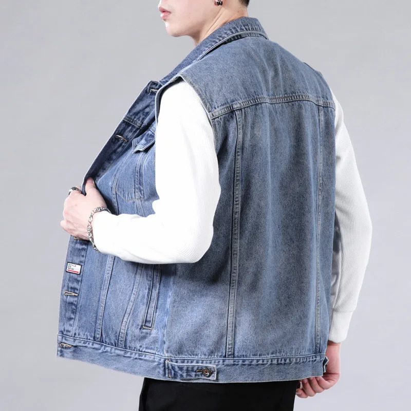 Mens Spring Fashion Loose Denim Vest Coat Korean Casual Handsome Lapel Singlebreasted with Pockets Men 250605Z