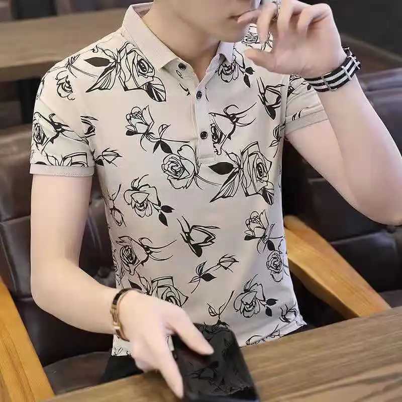 Man 100. Cotton Polo Shirts Print Skinny with Collar T Shirt for Men Party Fashion High Quality Luxury Short Quarter Sleeve HotXJ250605