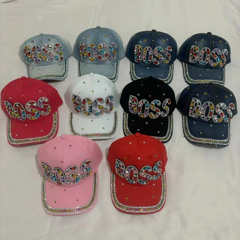 2025 Diamond Studded Letter BOSS Baseball Cap Denim with Holes Versatile Outdoor Sunshade and Sun Protection Hat for Women 250603