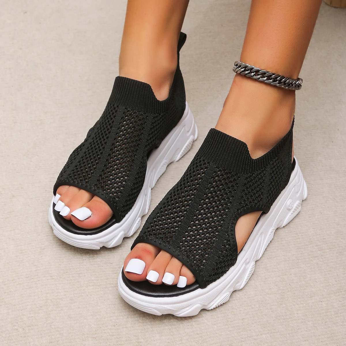 Women Slip on Sandals Summer Thick Bottom Round Head Mesh Hollow Slippers Casual Comfort Shoes Breathable Nonslip 250605