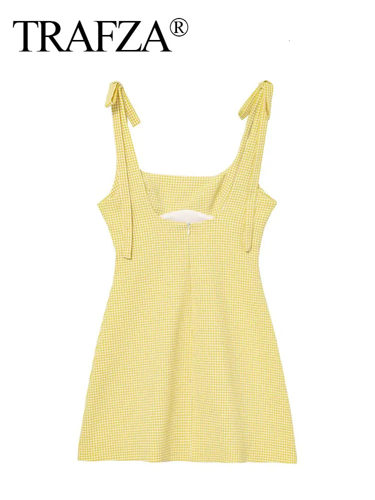 TRAFZA Elegant Womens Summer Dress Yellow Plaid Sleeveless Backless Slim Dresses Chic Bow Decoration Sexy Party Woman Dress 250604