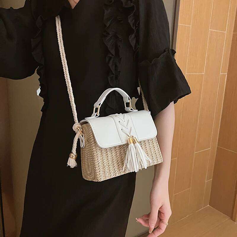 MOODS Straw Beach For Women Summer New Designer Handbags Hit Color Tassels Shoulder Crossbody Box Bag Sac A Main