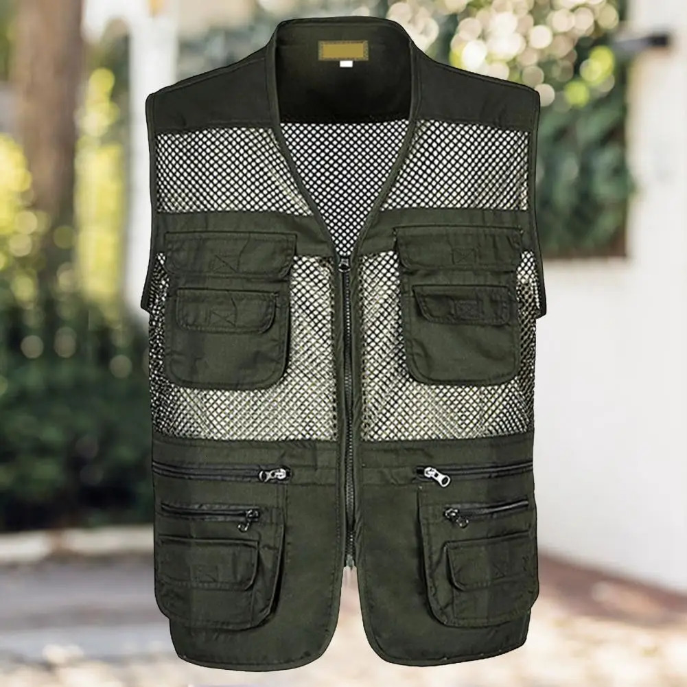 Summer Men Vest Coat Hollow Out Mesh Zipper Clre Multipocket Jacket Lightweight Sleeveless Male Waistcoat For Work Wear 250605Z