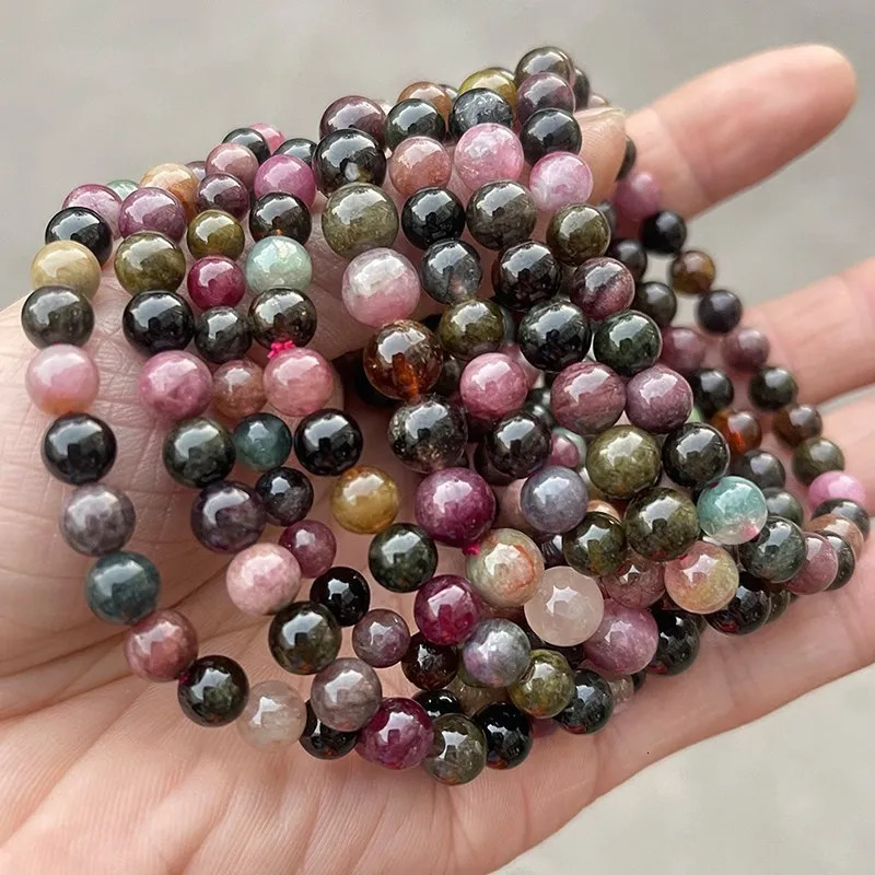 5A Natural Muticolor Tourmaline Bracelets Women 5-7mm Round Colorful Beads Healing Elastic Bangles Quality Jewelry Gift 250604