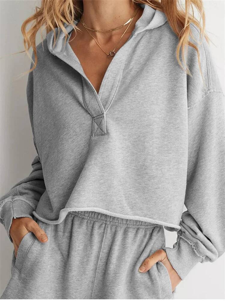 Women's Spring Autumn Hooded Sweatshirt Long Sleeve Solid Color V Neck Crop Hoodie