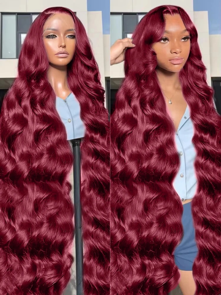 99J Burgundy Lace Frontal Wig 13x6 Body Wave Lace Front Wig HD Transparent Lace Frontal Wig Human Hair Pre Plucked 99j Red Color Synthetic