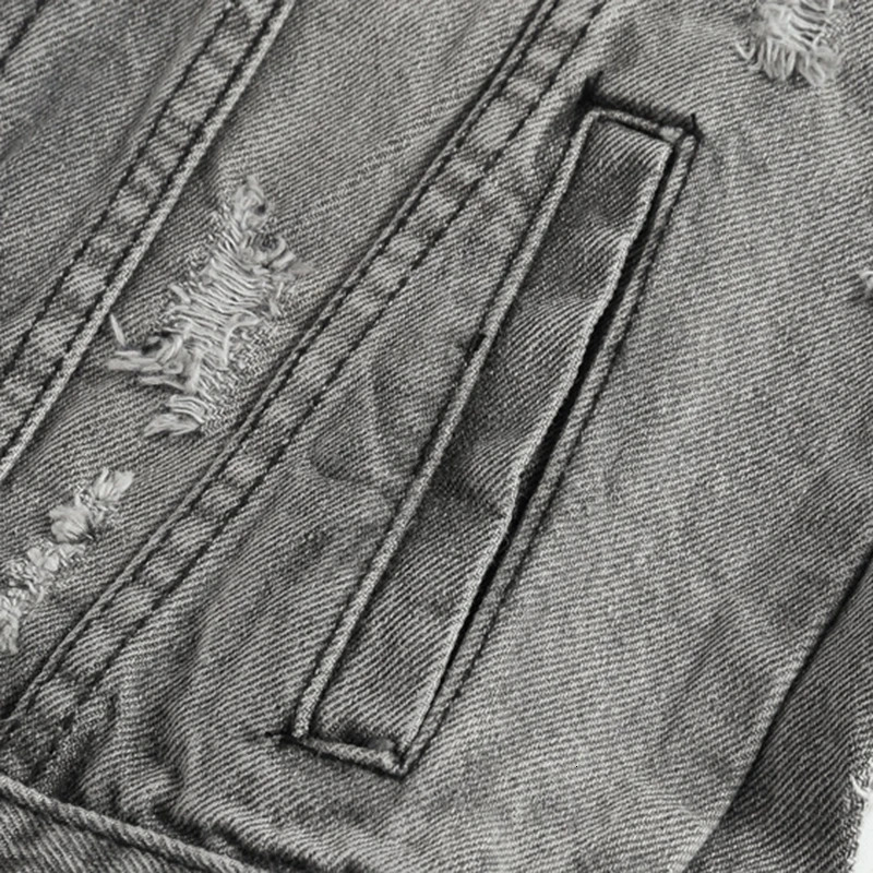 Mens gray holes ripped jean vest Slim sleeveless fringe denim tank top Fashion waistcoat 250605Z