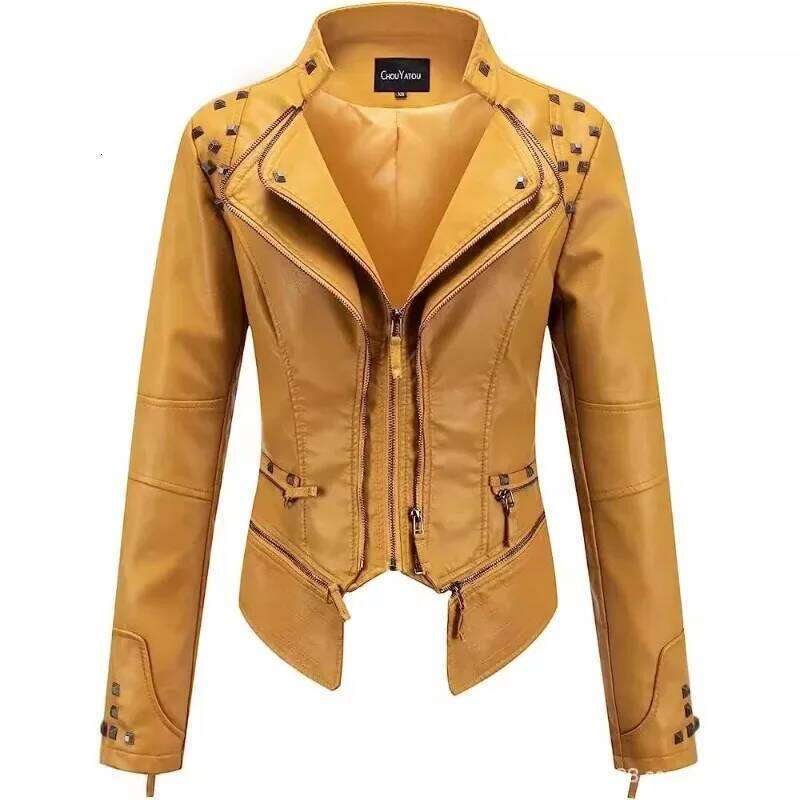 Spring and Autumn Women's New Lapel Rivets Decorated Waist Short Washed PU Leather Jacket