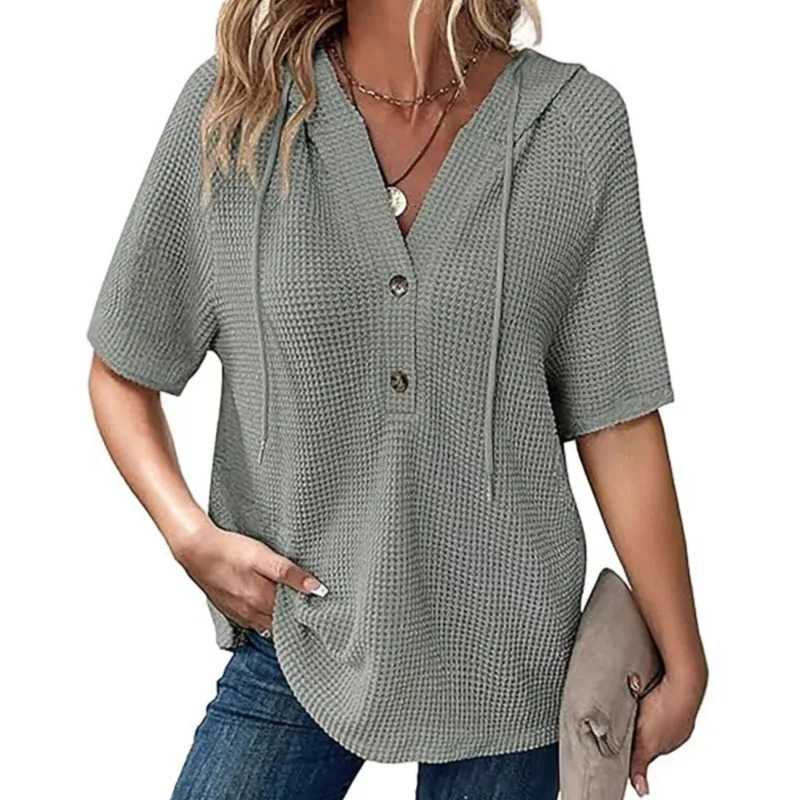 Womens Summer Knitted Short Sleeve Tops Chic Drawstring Hoodies Button V Neck Casual Work Blouses Top Deals 250604