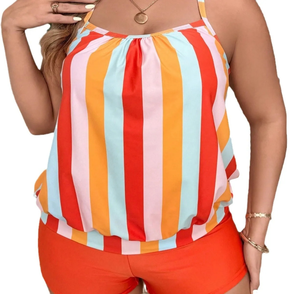 Plus Size Split Swimsuit for Women Flat Cornered Striped Printed Skirt Style Casual Y2k 250603