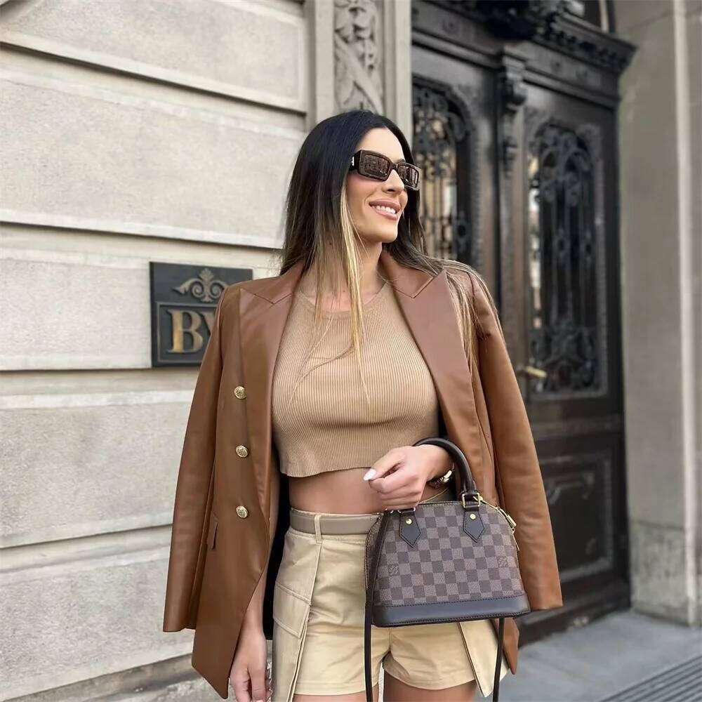 Coats Designer Women UNIZERA 2023 Autumn/Winter New Women's Fashion Versatile Polo Collar Double Breasted PU Leather Suit Coat Designer