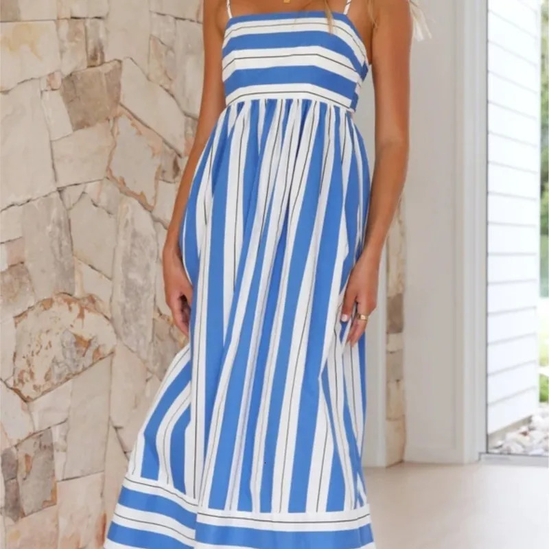 Spring And Summer Striped Vest Backless Large Swing Dress For Women Collarless Sleeveless Oversized Dress 250604