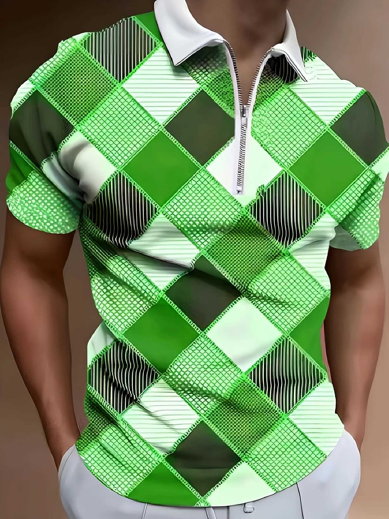 Summer Fashion Zipper Polo Fashion Color Block 3D Printed Golf Short Sleeve Polo Business Casual Polo Streetwear Men Polo Shirt XJ250605