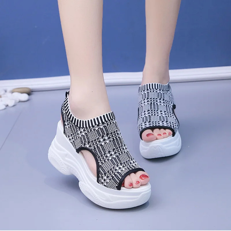 Summer Knitted Shoes Fairy Fishmouth Wind Cake Sole High Heel Flying Weave Slope Thick Sports Womens Sandal 250605