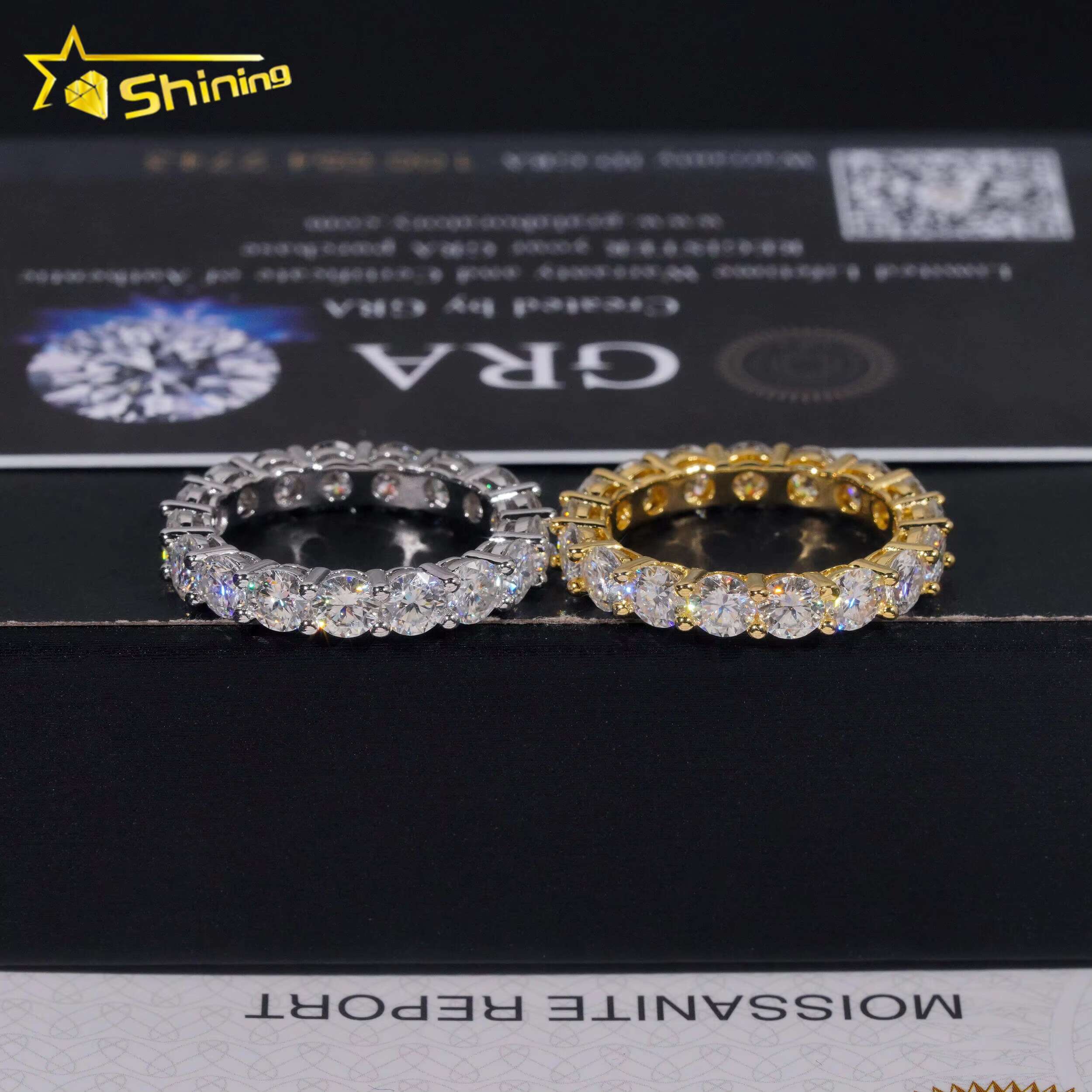 Stocks Solid 925 Sterling Silver Gold Plated Hip Hop Jewelry Luxury Fully Iced 4mm Diamond Moissanite Band Ring Eternity Rings